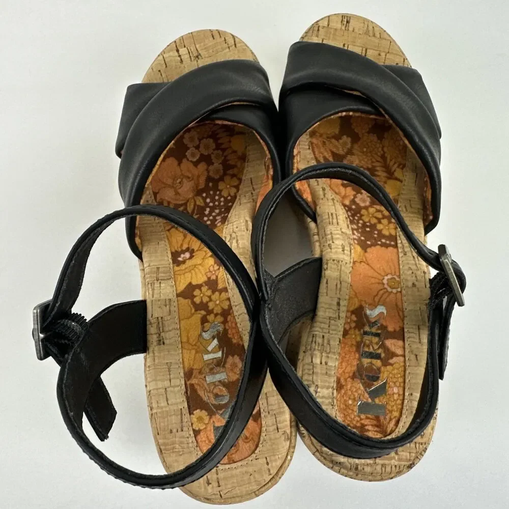 Korks Calda‎ Platform Sandal Black Leather Ankle Buckle Strap Cork Heel Womens 7